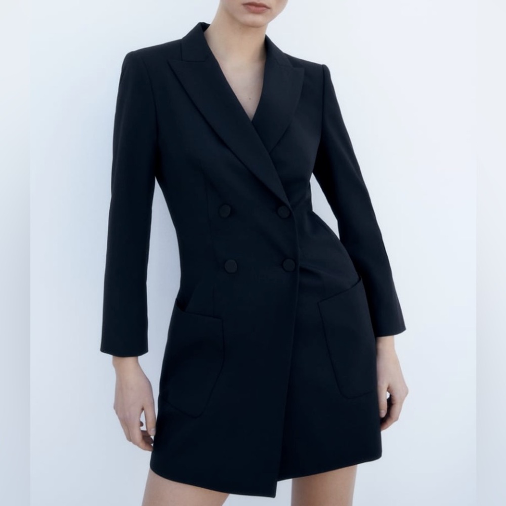 Zara Navy Double-Breasted Longline Blazer Dress